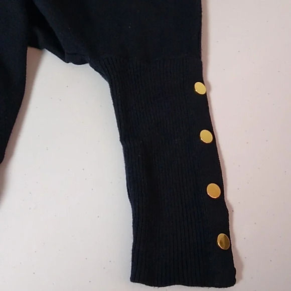 ALFANI BLACK WITH GOLD STRIPES, LONG RIBBED BUTTON DETAIL SLEEVE PONCHO - Picture 4 of 6